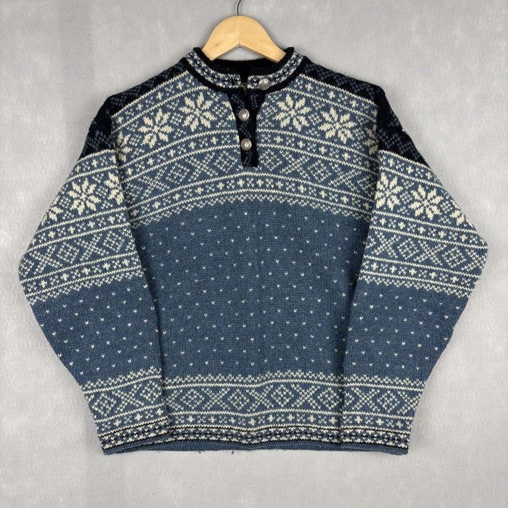 LL Bean Fair Isle Sweater Womens Small Blue Wool Snowflake Nordic Made In USA